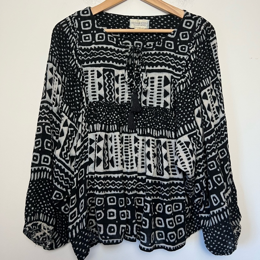 Vintage Denim & Supply Ralph Lauren Southwestern Print Peasant Tassel Blouse